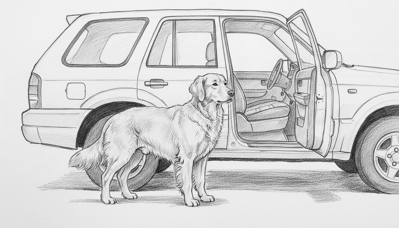 Hand-drawn graphite sketch of calm dog standing next to open car door on white paper.