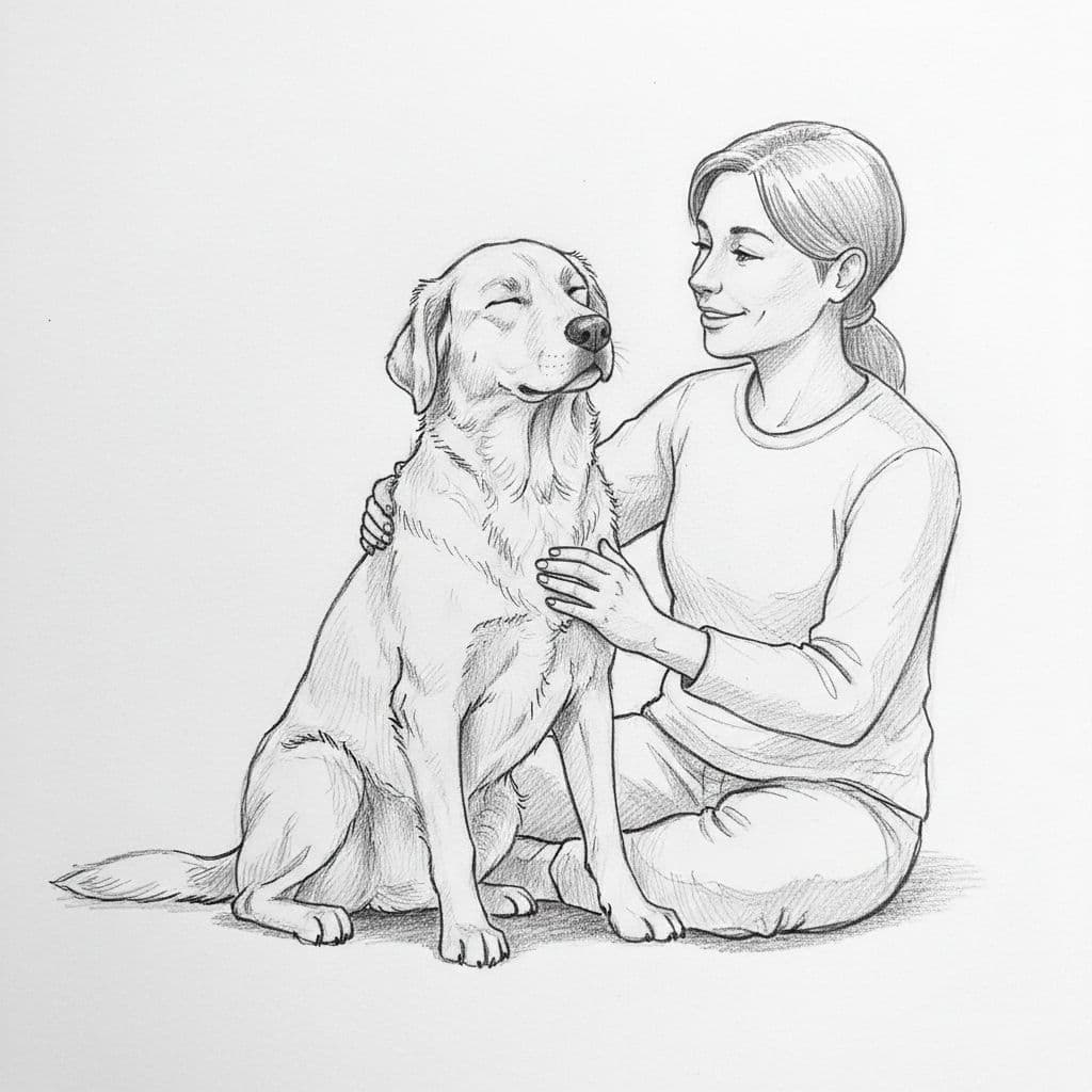 Graphite sketch of calm dog sitting beside owner gently stroking its head on white paper.