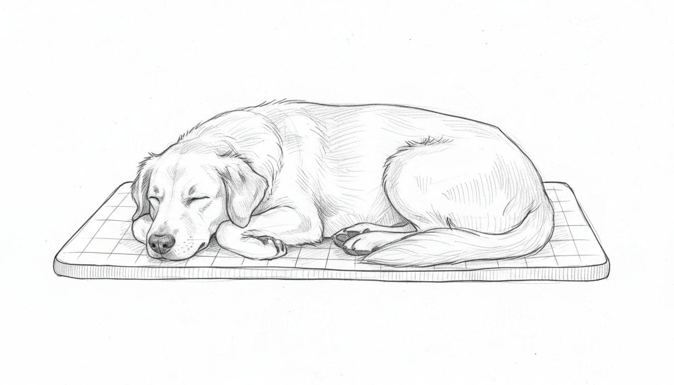 A graphite sketch of a peaceful dog lying comfortably on a rectangular mat.