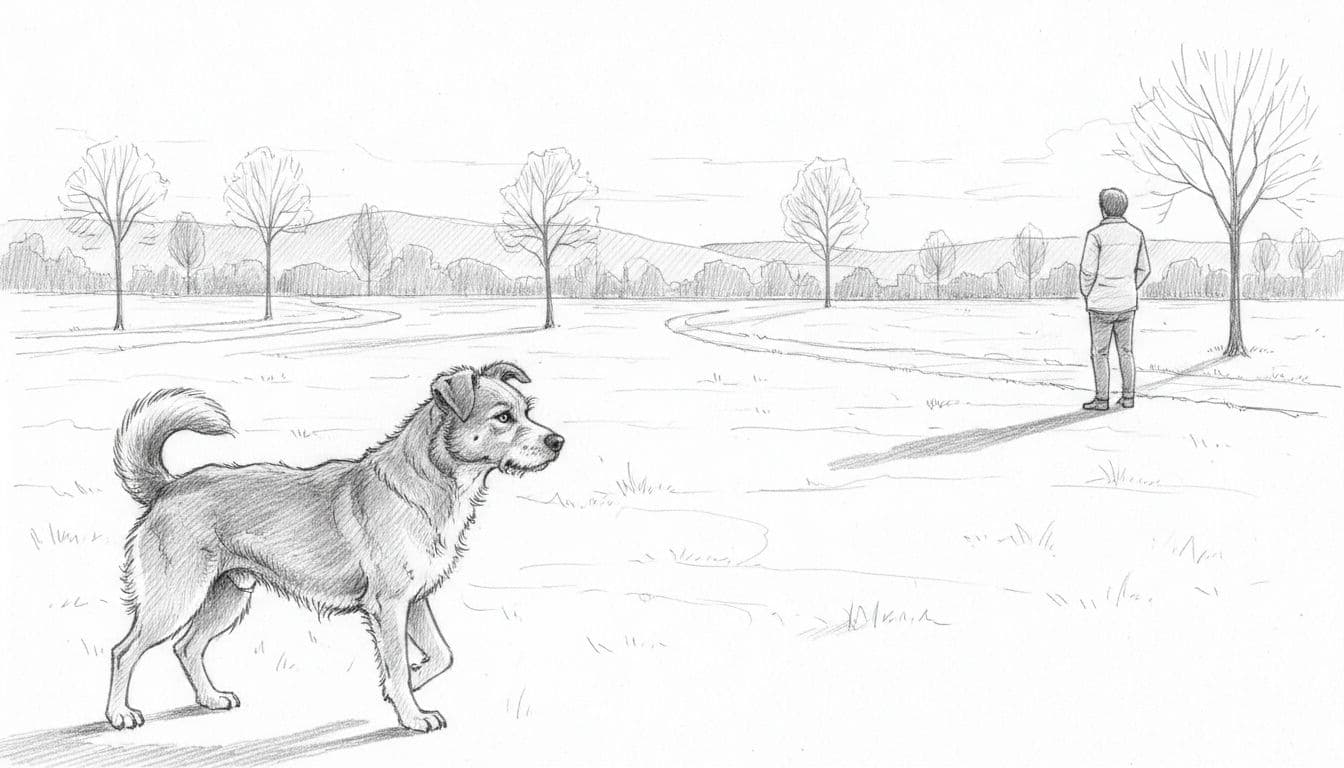 A graphite sketch showing a hesitant dog looking at a distant person in a park.