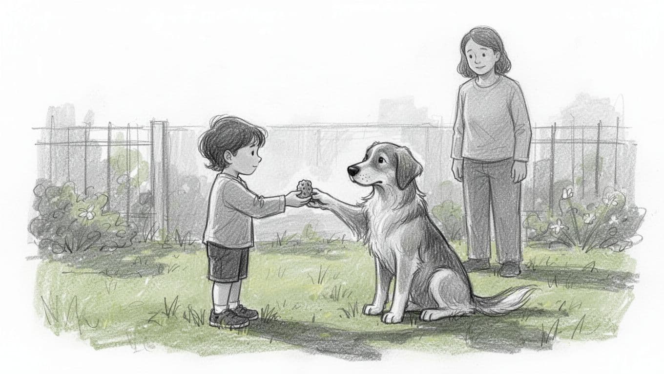 Child stands with outstretched hand near treat, facing sitting dog at distance in garden; owner watches from background.