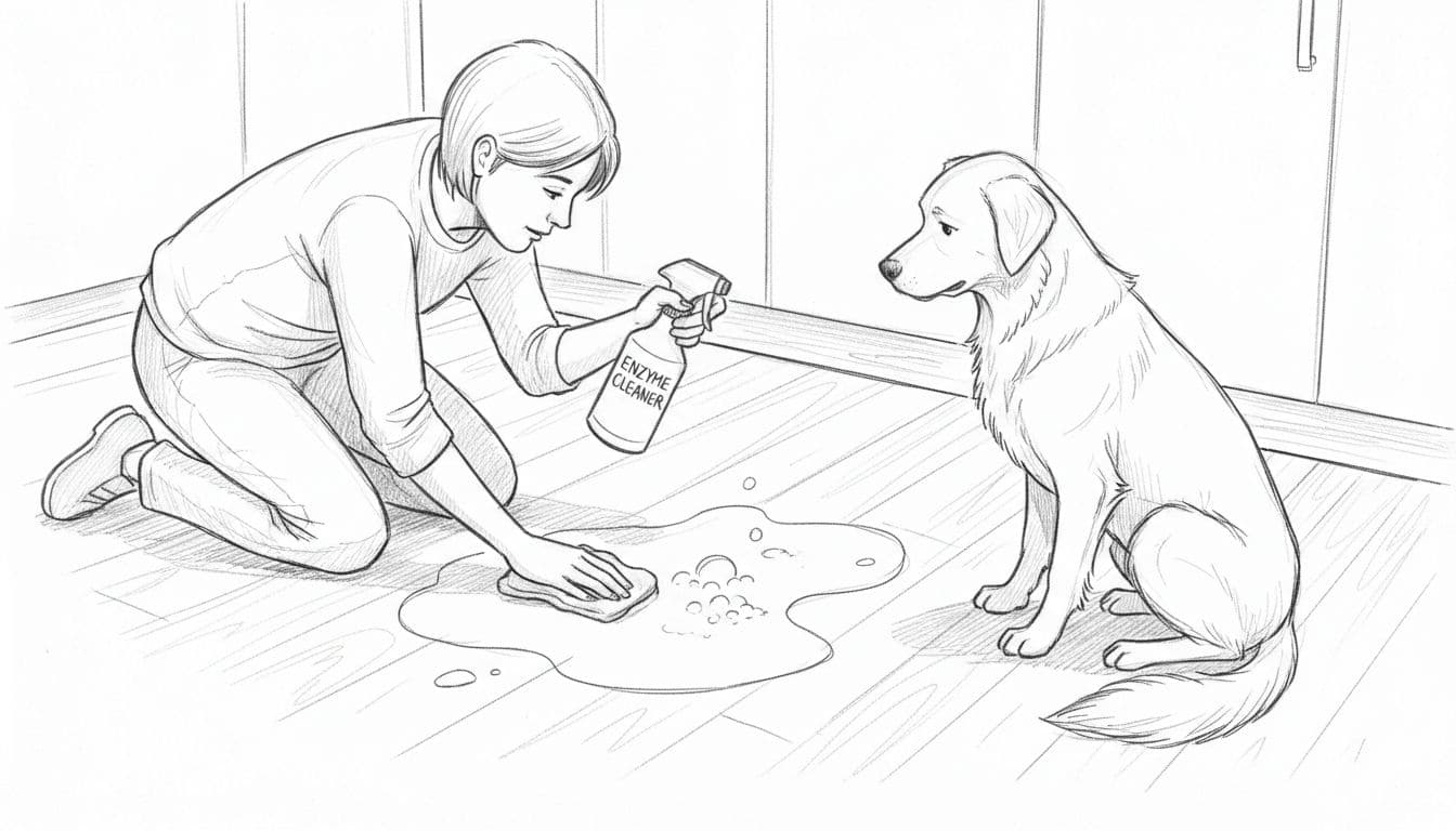Hand-drawn sketch of person wiping urine puddle on wooden kitchen floor using enzyme cleaner, dog watching nearby.