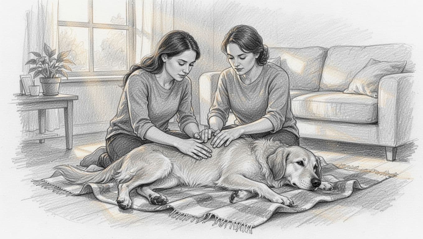 Dog owner gently massages relaxed dog's belly on living room blanket, graphite linework sketch with light shading.