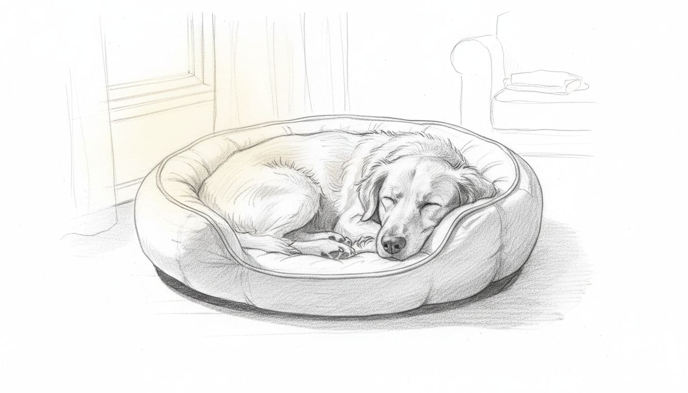 Hand-drawn sketch of a dog curled up in a padded basket in a bright living room.