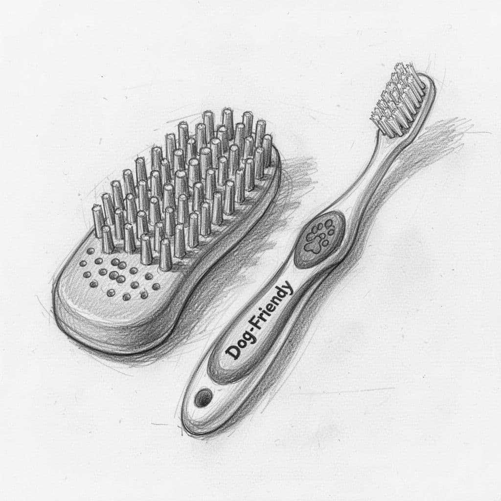 A graphite sketch displays a collection of rubber finger brushes and specialized dog toothbrushes on a plain surface.