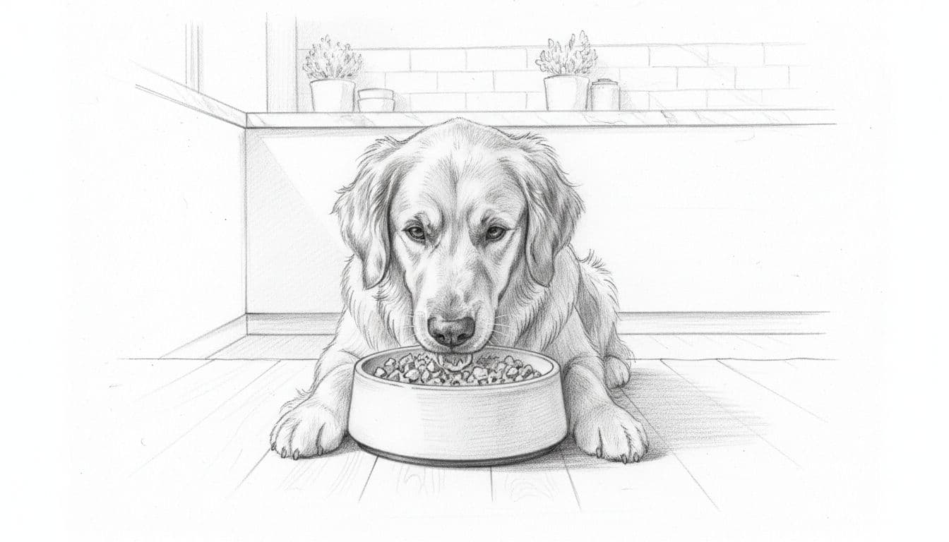 Hand-drawn sketch of a dog neatly eating premium food from a bowl on the kitchen floor.