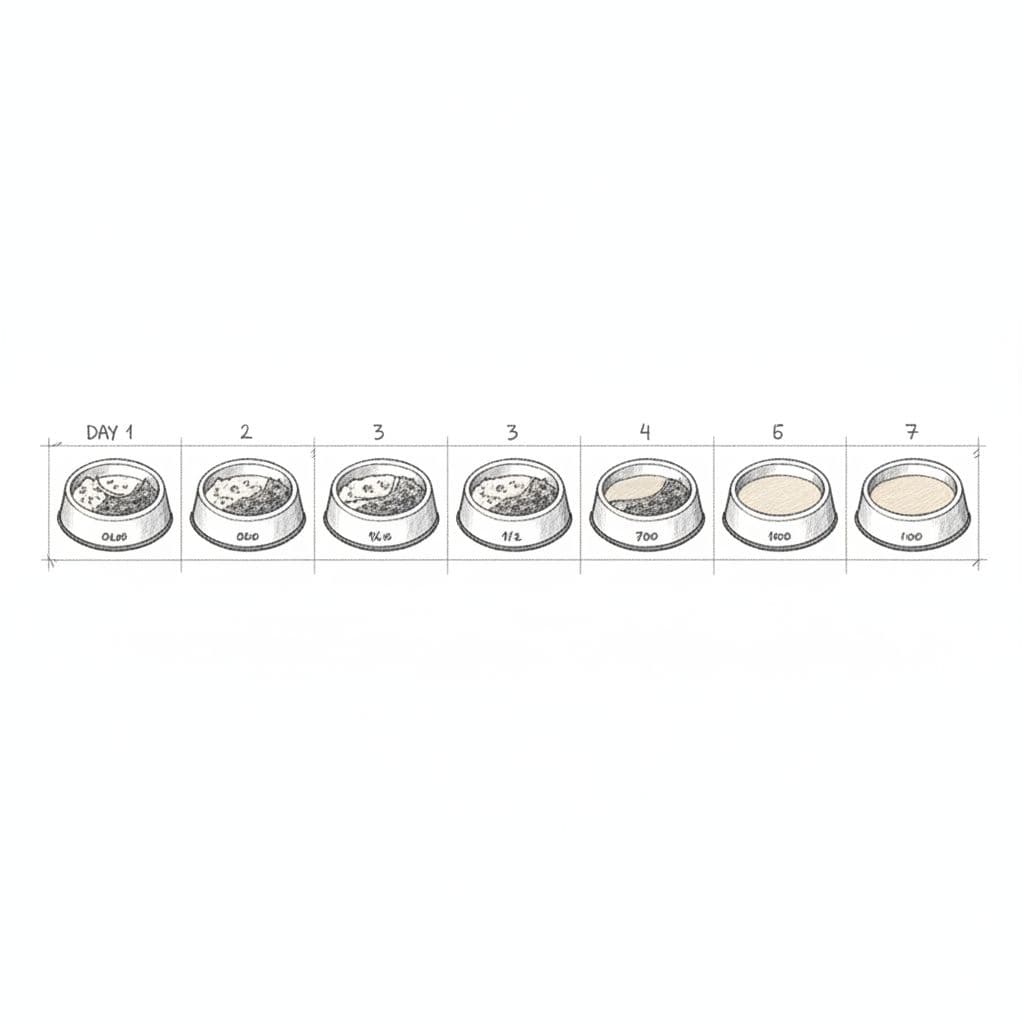A series of seven circular dog bowls displayed in a row on a white background, demonstrating a gradual transition between two different types of food using simple graphite pencil shading.