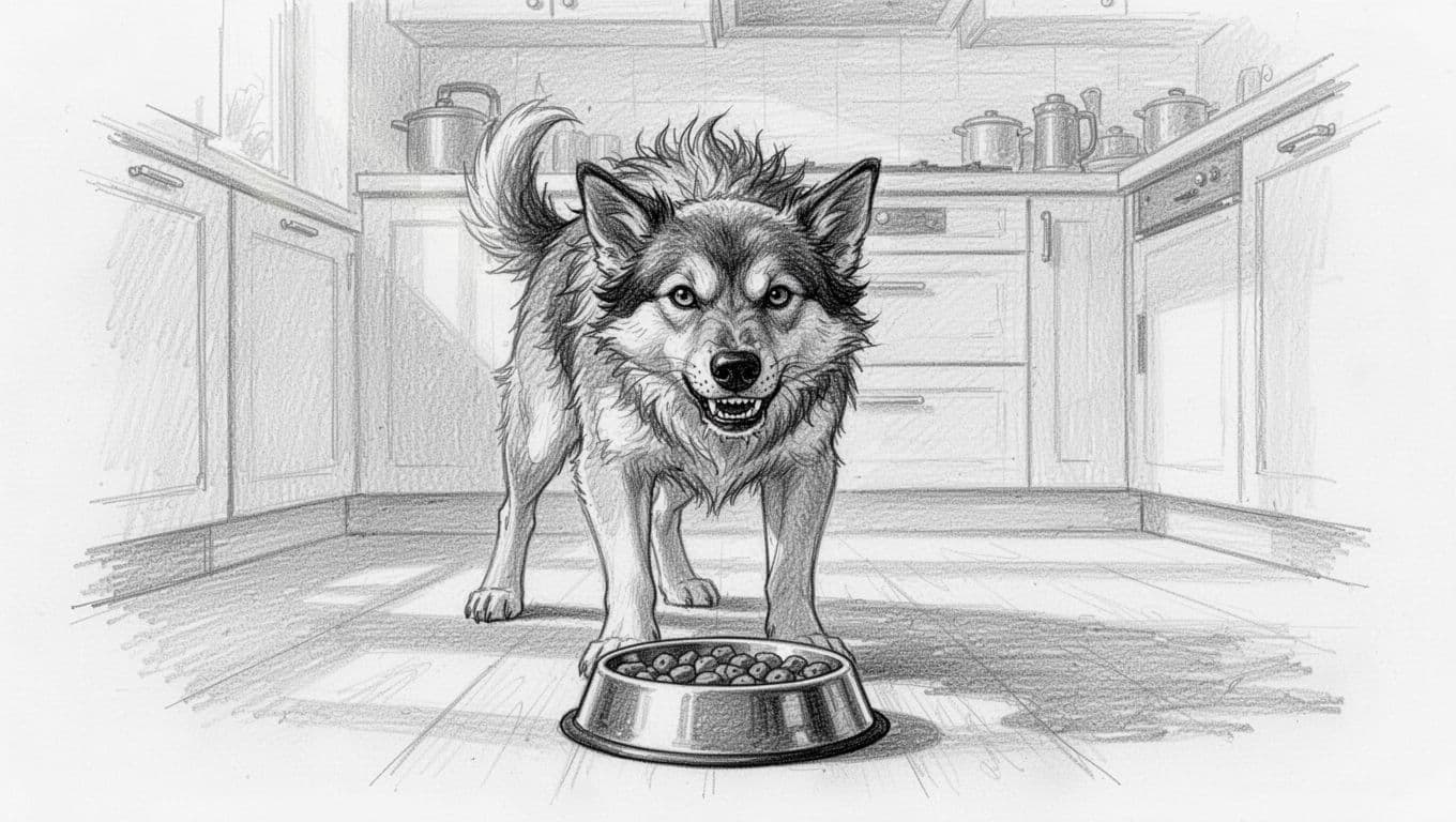 Sketch of dog with raised hackles, pinned ears, and bared teeth growling over food bowl in kitchen from owner's view.