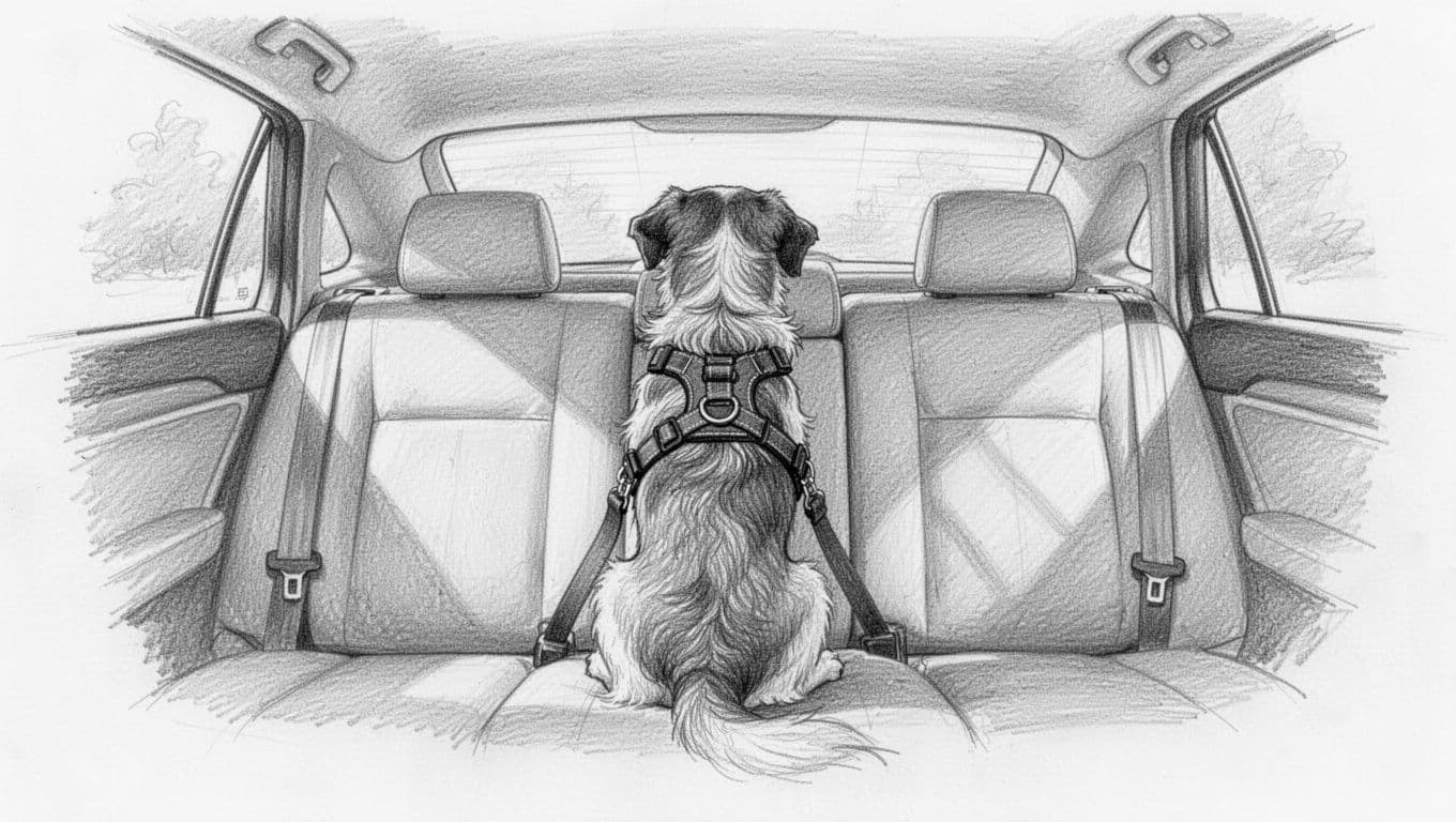 Graphite sketch of medium dog on car backseat, secured by visible harness, rear view.