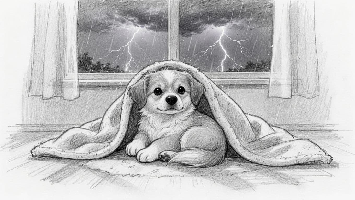 Sketch of relaxed dog under blanket in room with rain outside window.