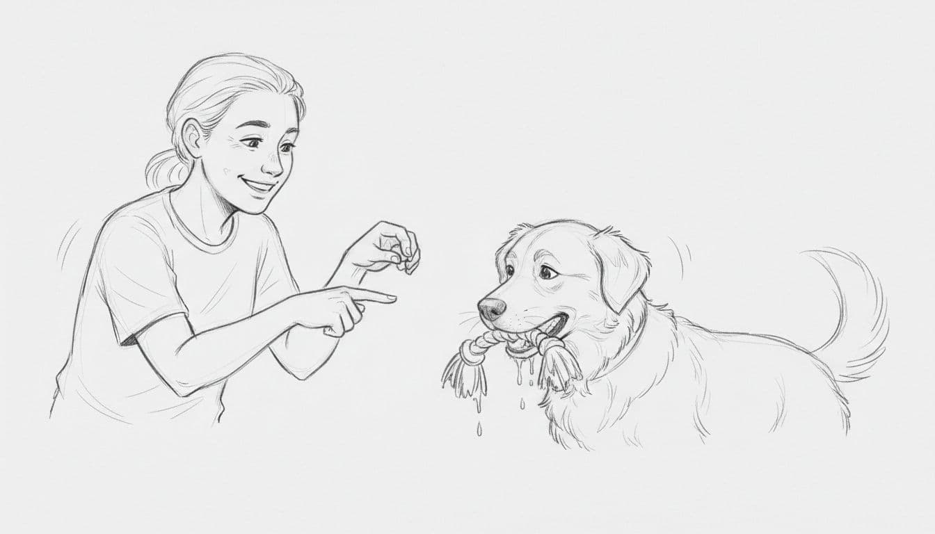 A graphite sketch showing a person offering a treat to a dog dropping a toy.