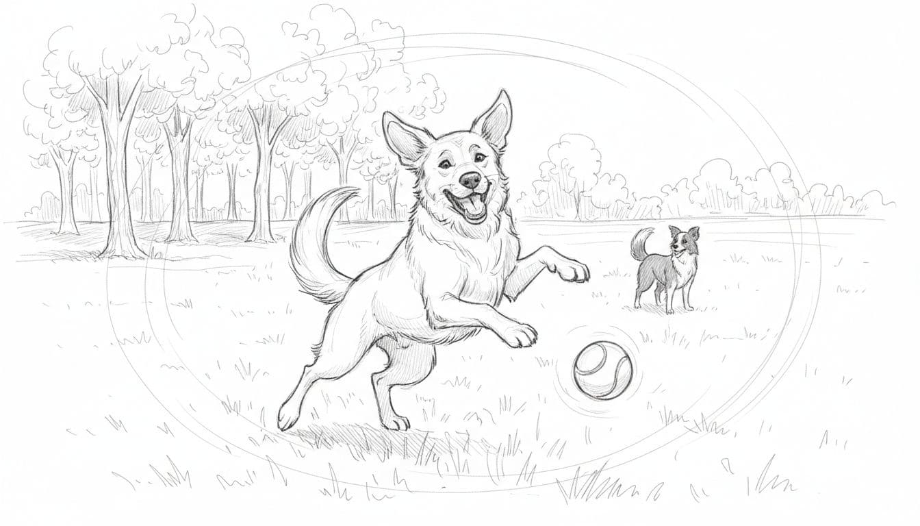 Graphite sketch of central dog jumping high for ball on grassy meadow, trees and distant dog in background.
