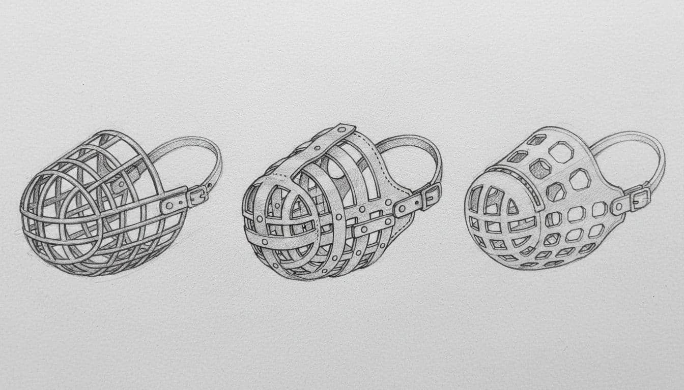 Graphite sketch on light gray paper shows neatly arranged wire basket, leather basket, and soft silicone dog muzzles.