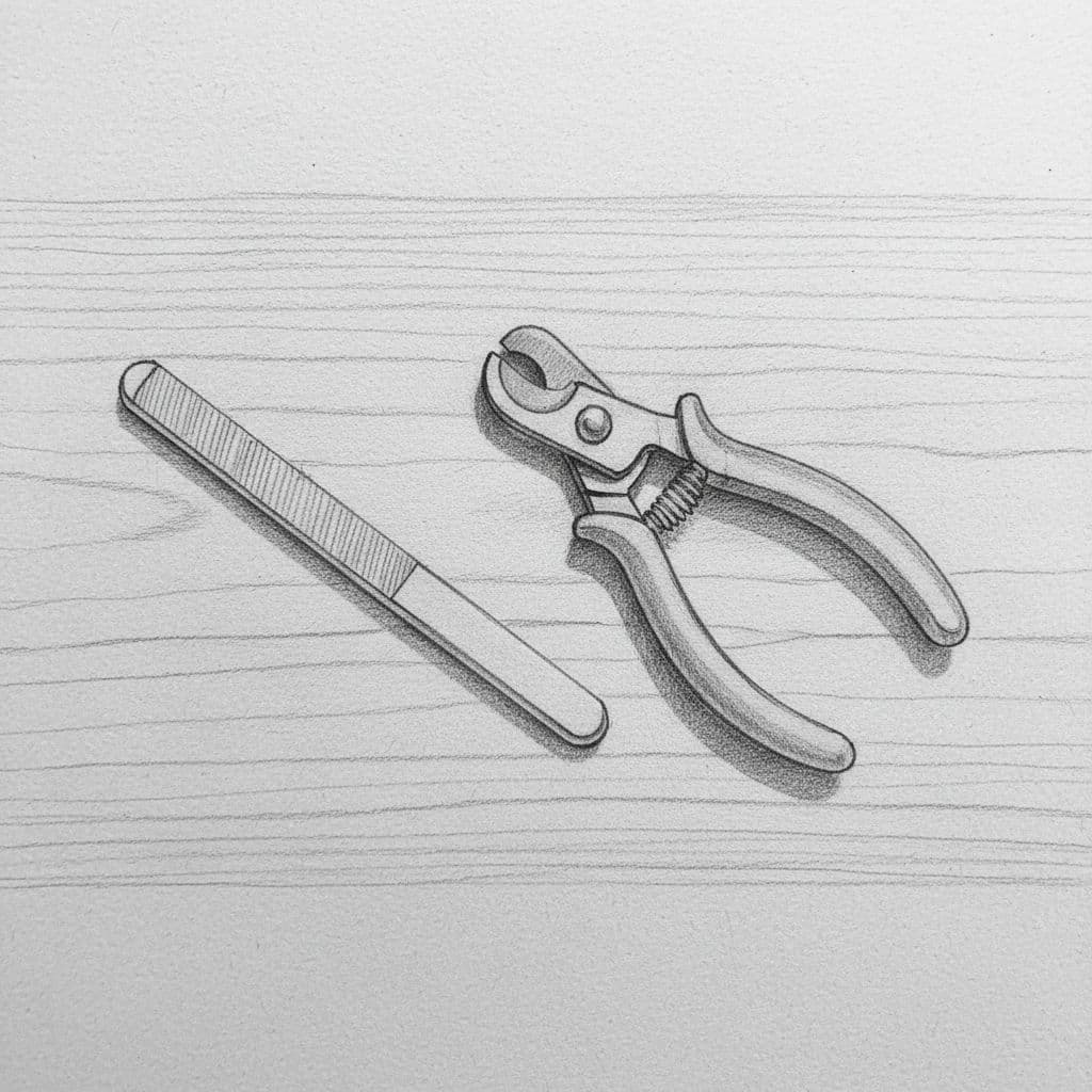 A graphite drawing of a dog nail file and professional clippers resting on a wooden surface.