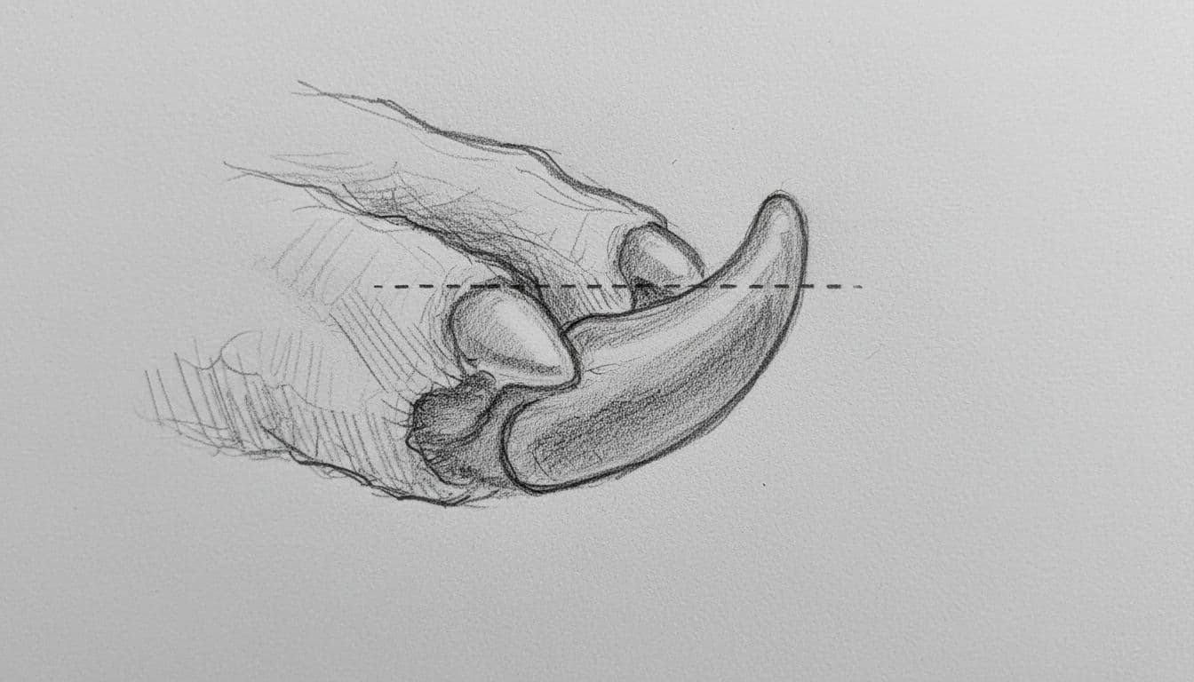 A graphite sketch of a dog claw showing the safe cutting line away from the quick.