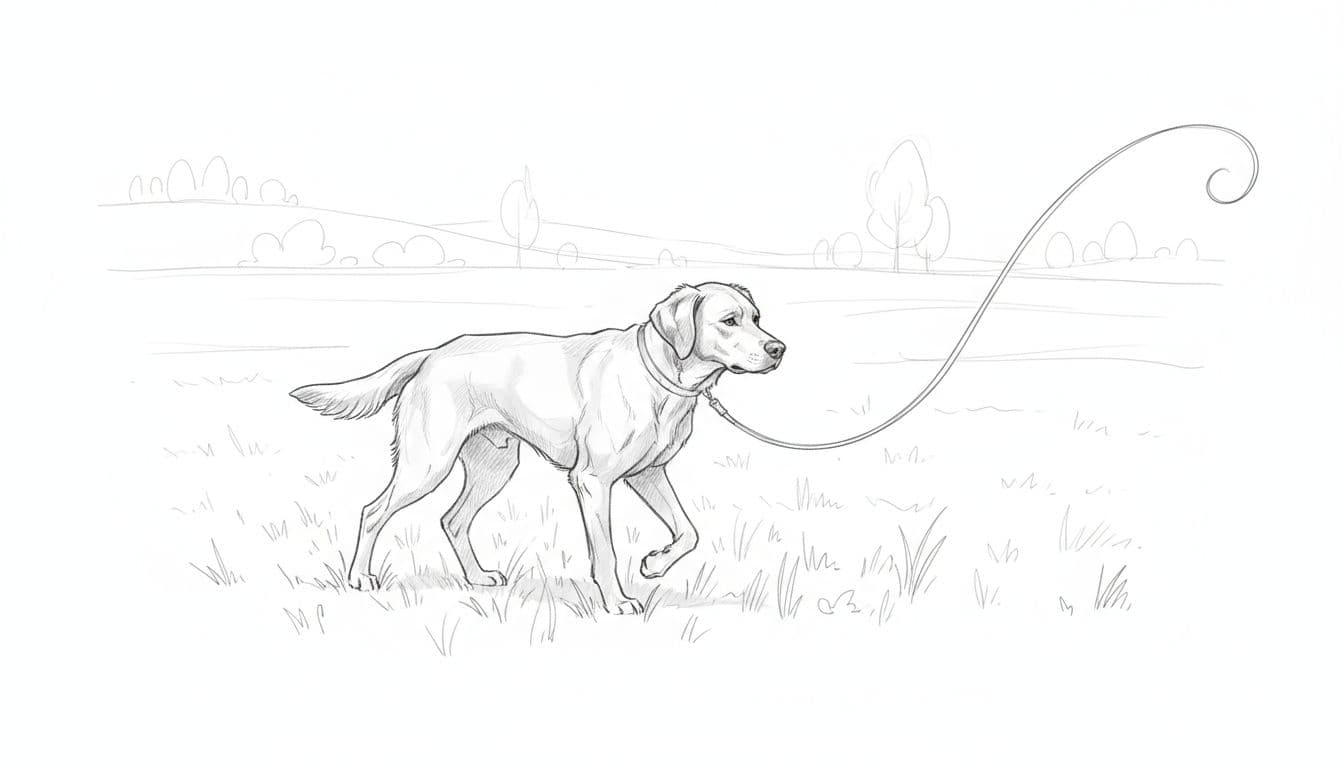 A graphite sketch showing a dog walking across a grassy field while attached to a long leash.