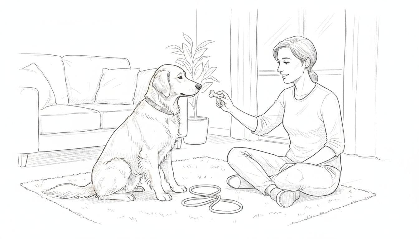 Hand-drawn graphite sketch of a dog sitting in a living room as its owner offers a treat.