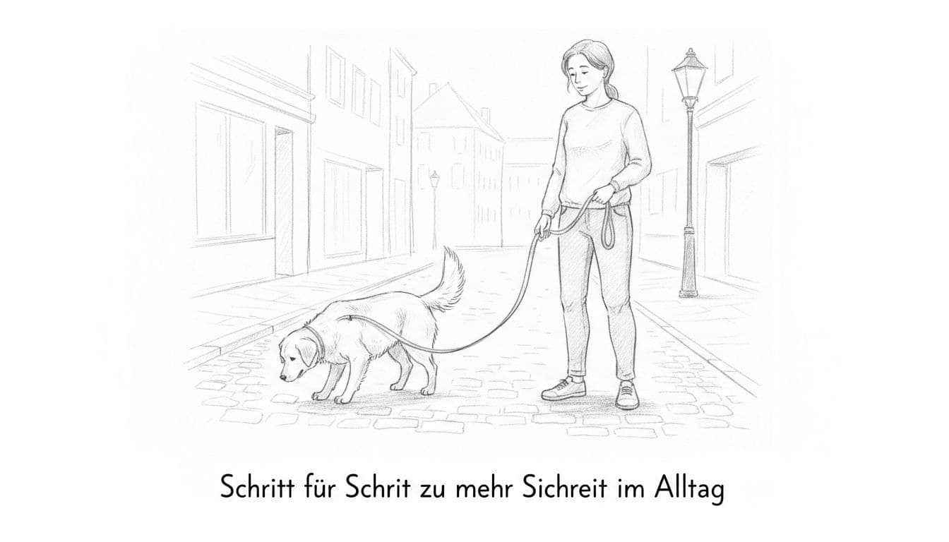 A graphite sketch showing a person and a calm dog walking together on a quiet street.