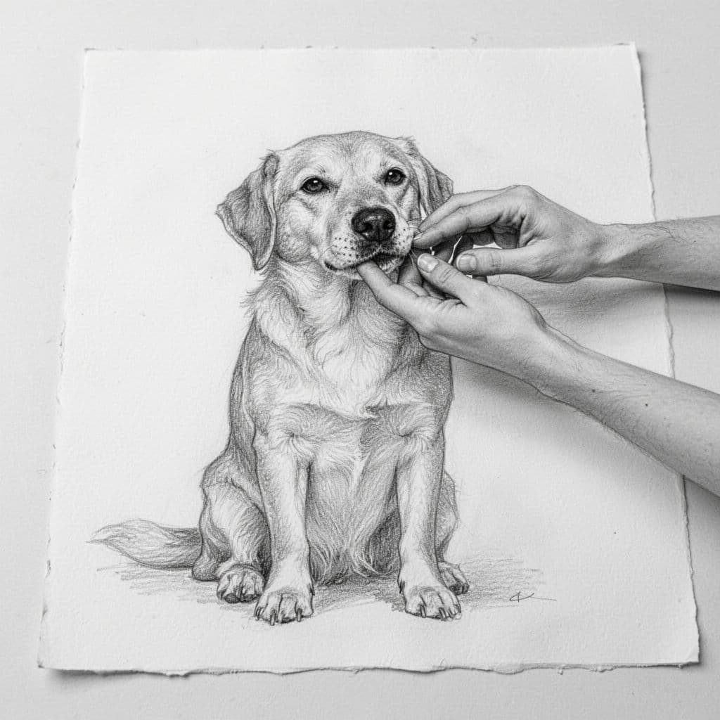 A graphite drawing shows a calm dog letting a person check its teeth.