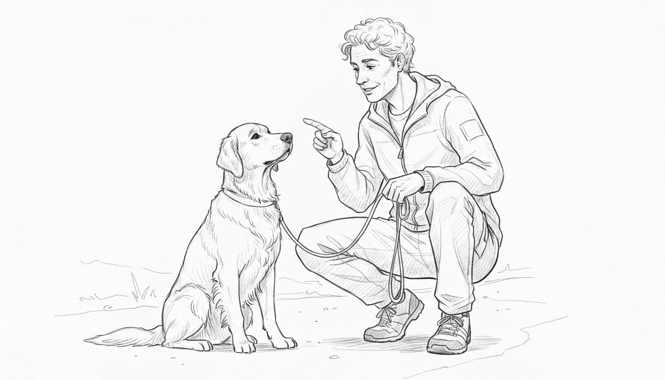 Dog owner trains dog with Aus command on path; dog sits beside him, leash loose, positive posture.
