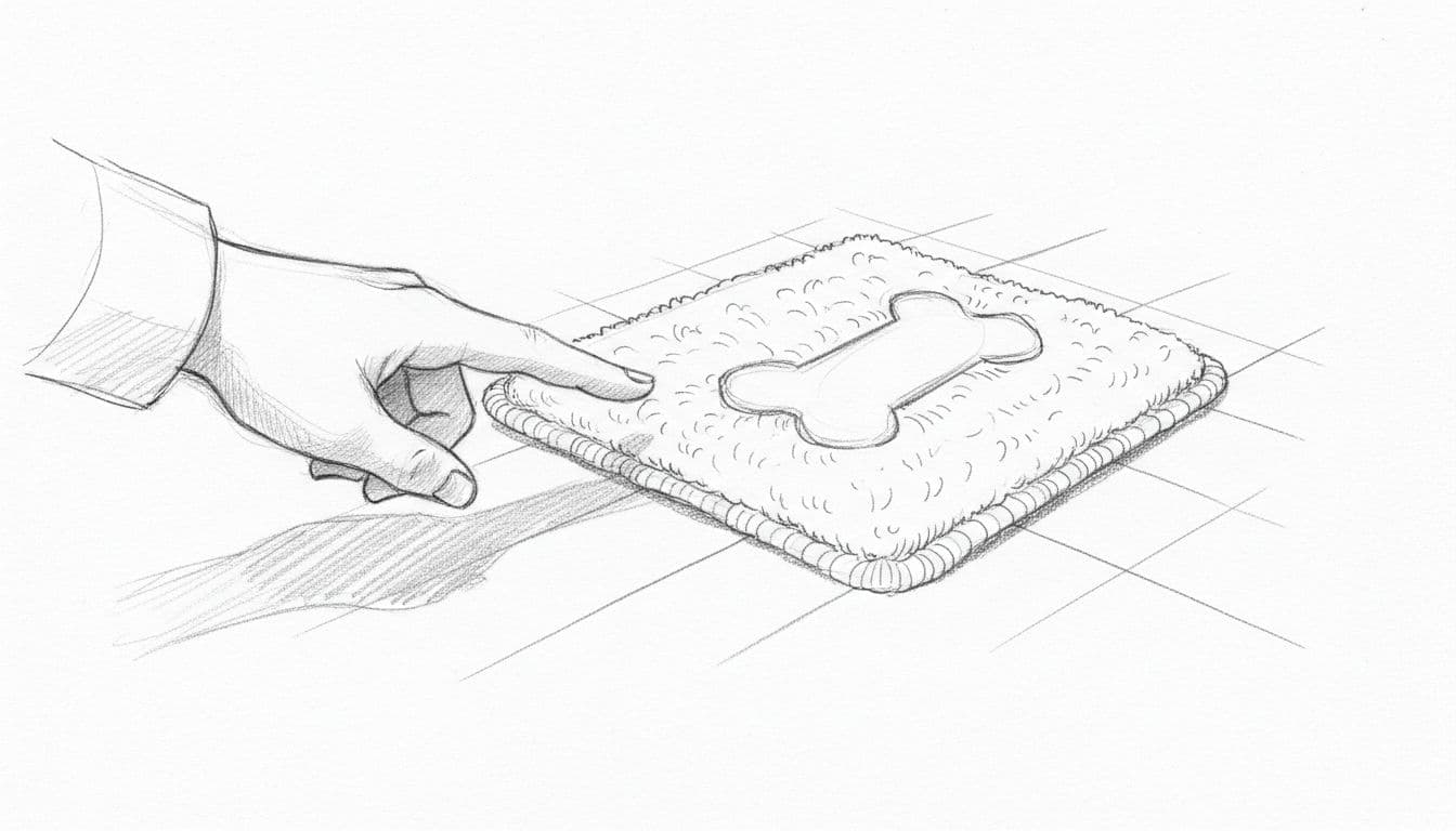 A hand points at a dog mat in a graphite sketch style on white paper.