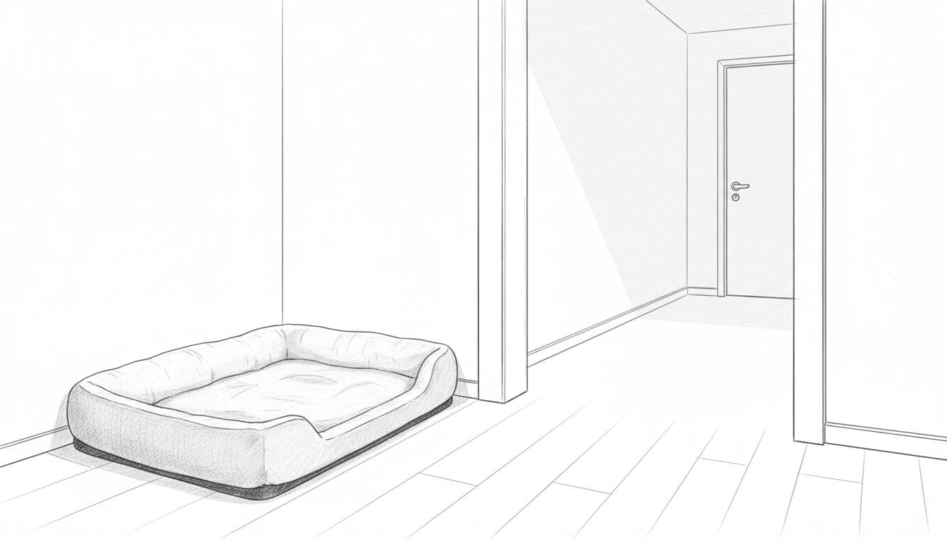 A graphite pencil drawing illustrates a plush canine mat tucked into a living room corner. The scene includes a hallway perspective leading to a door to emphasize a designated resting spot.