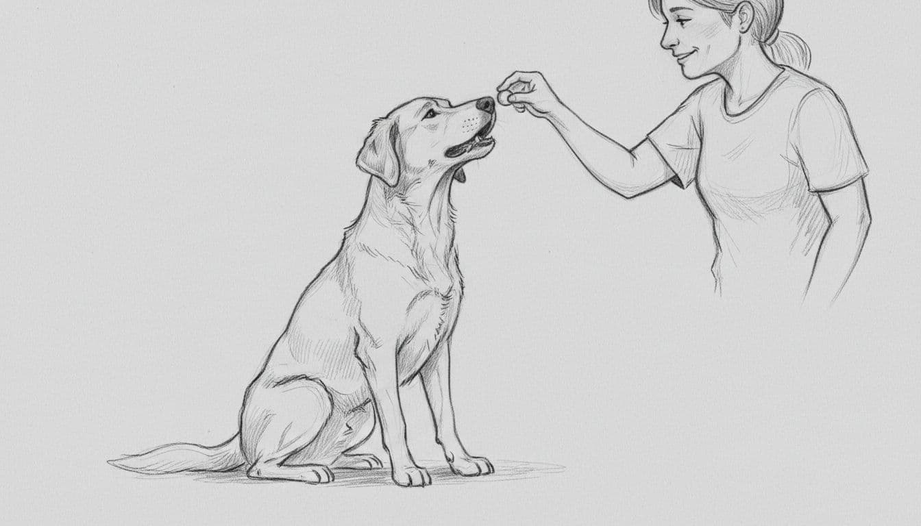 A graphite sketch showing a person offering a small treat to a dog sitting patiently. The clean artwork captures the interaction on light gray paper with subtle, soft shading techniques.