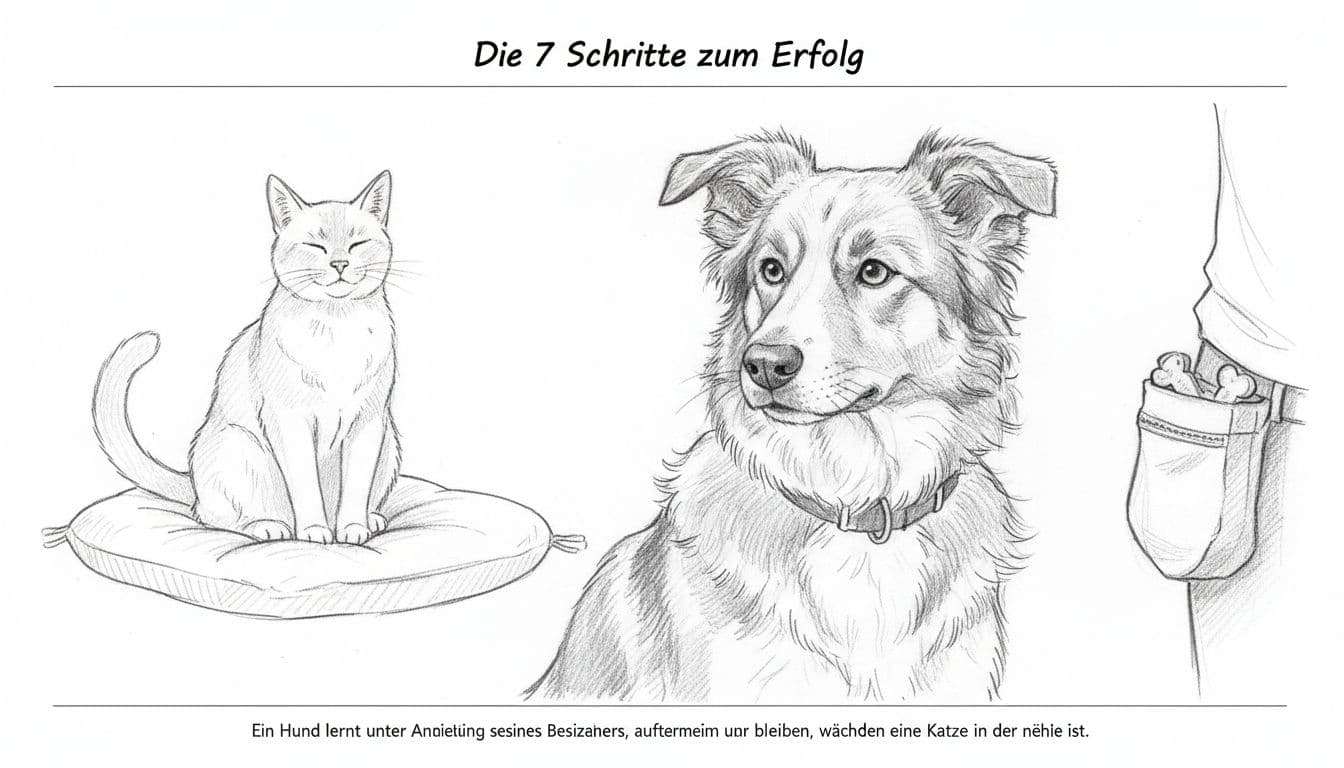 A graphite sketch showing a focused dog watching its owner while a cat sits nearby.
