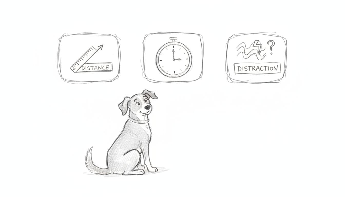 A sketch shows a dog observing three distinct boxes representing distance, time, and distraction.