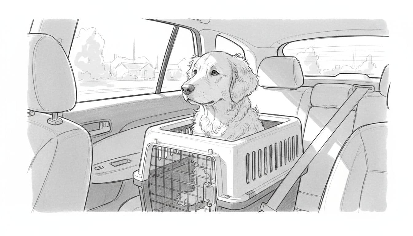 Graphite sketch of relaxed dog in secured transport box inside car interior, looking out window.