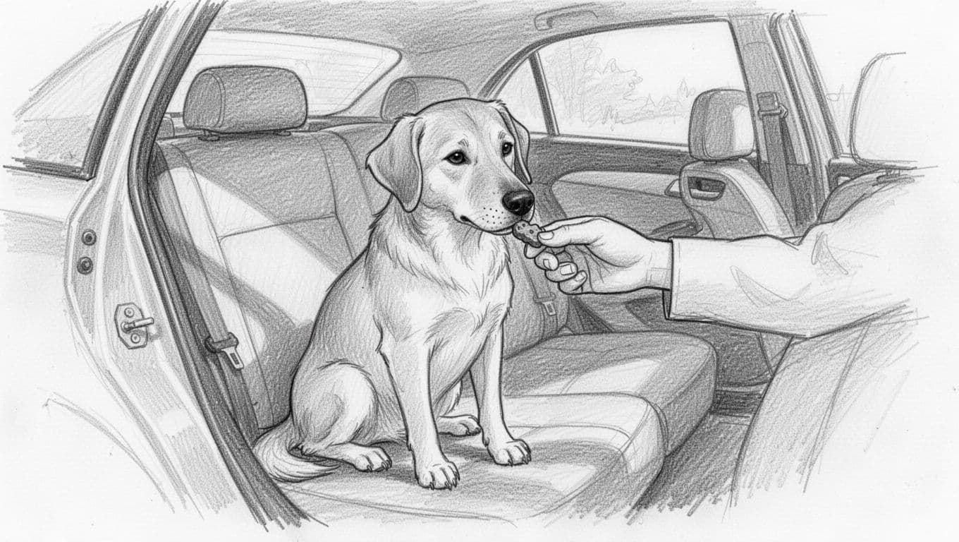 Hand offers treat to calm dog sitting on car seat with open door, graphite sketch style.