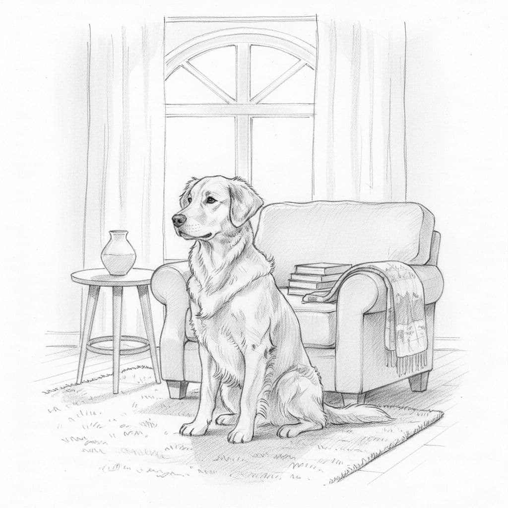 A graphite pencil sketch shows a calm dog sitting patiently in a cozy room.