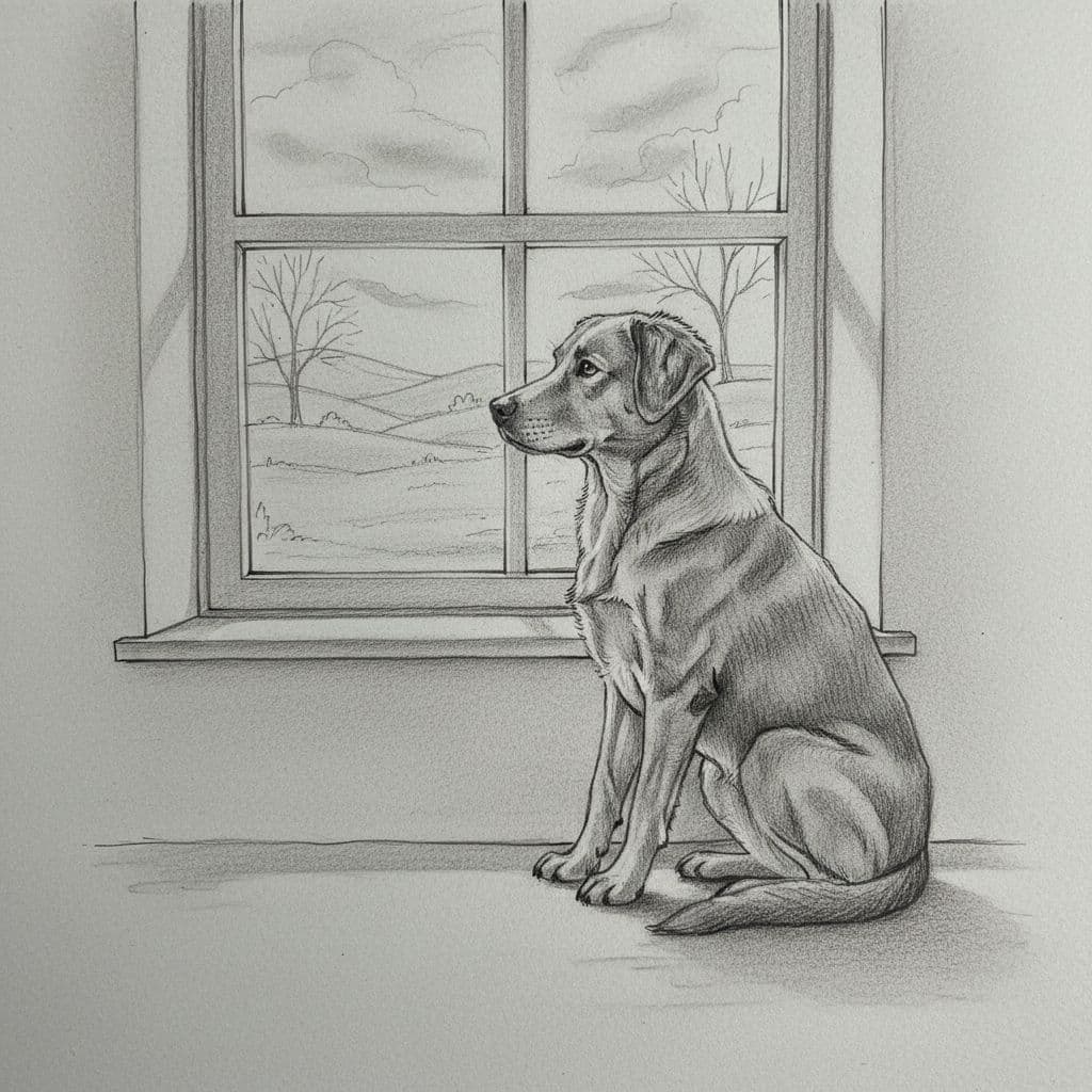 A graphite pencil sketch depicts a calm dog resting near a window pane. The artist utilizes delicate linework and soft shading on a neutral gray paper background to suggest peacefulness.