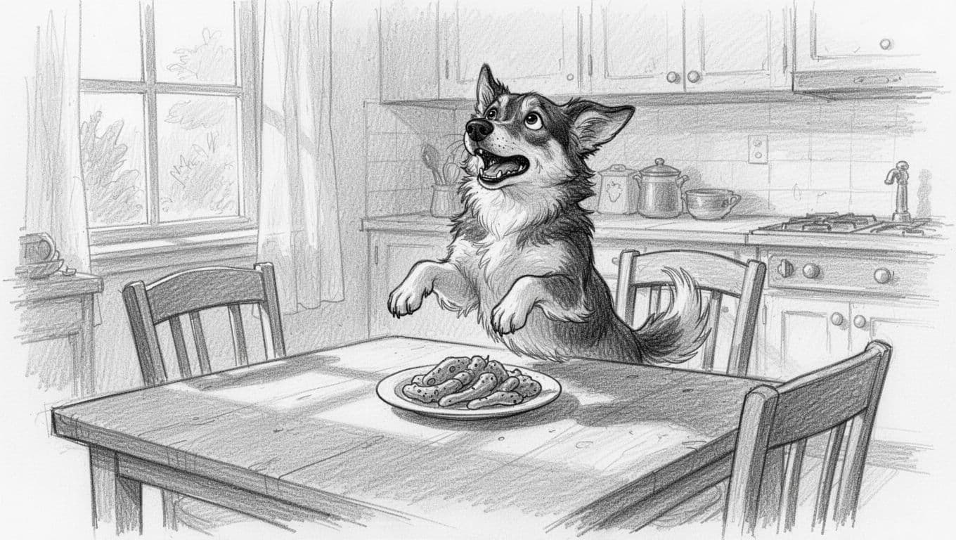 Graphite sketch of excited dog with front paws on kitchen dining table, gazing greedily at food plates.