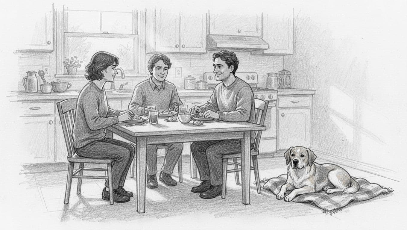Graphite sketch shows three people eating at kitchen table, dog resting quietly on blanket in corner.
