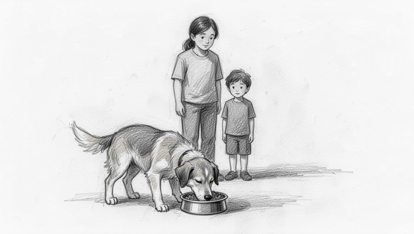 Graphite sketch shows dog owner and child at safe distance watching relaxed dog eat from bowl.