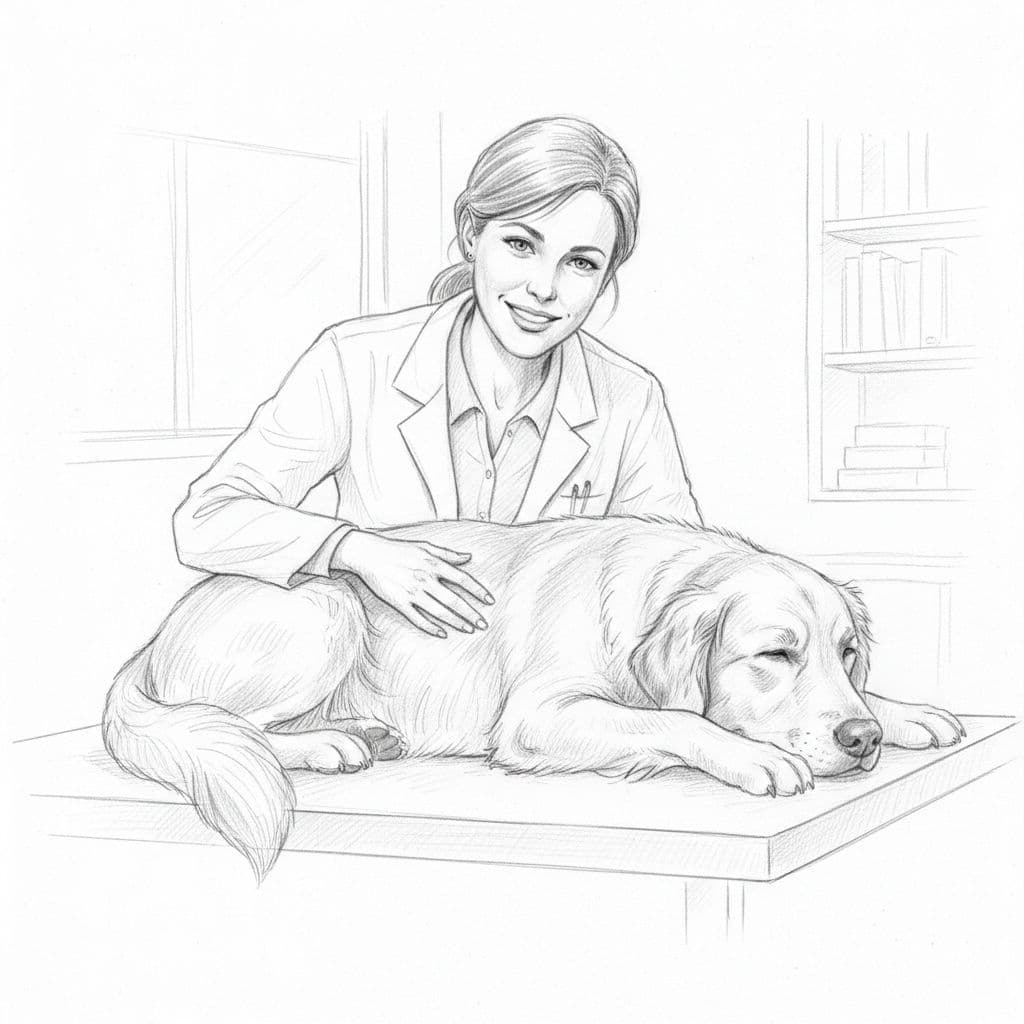 Graphite sketch of veterinarian gently examining relaxed dog on white background.