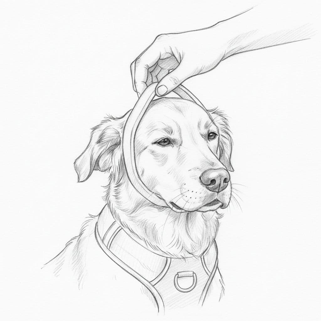 A graphite sketch shows a person carefully guiding a harness over a dog's head.