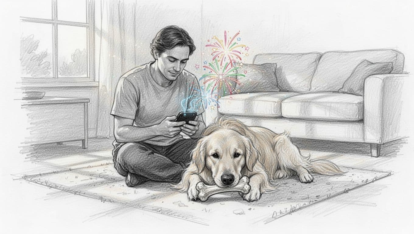Hand-drawn sketch of dog owner sitting on living room floor, playing fireworks sounds from phone while Golden Retriever chews bone.