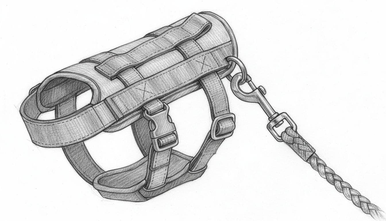 A detailed graphite sketch displays a leash clip securely attached to a dog harness back ring.