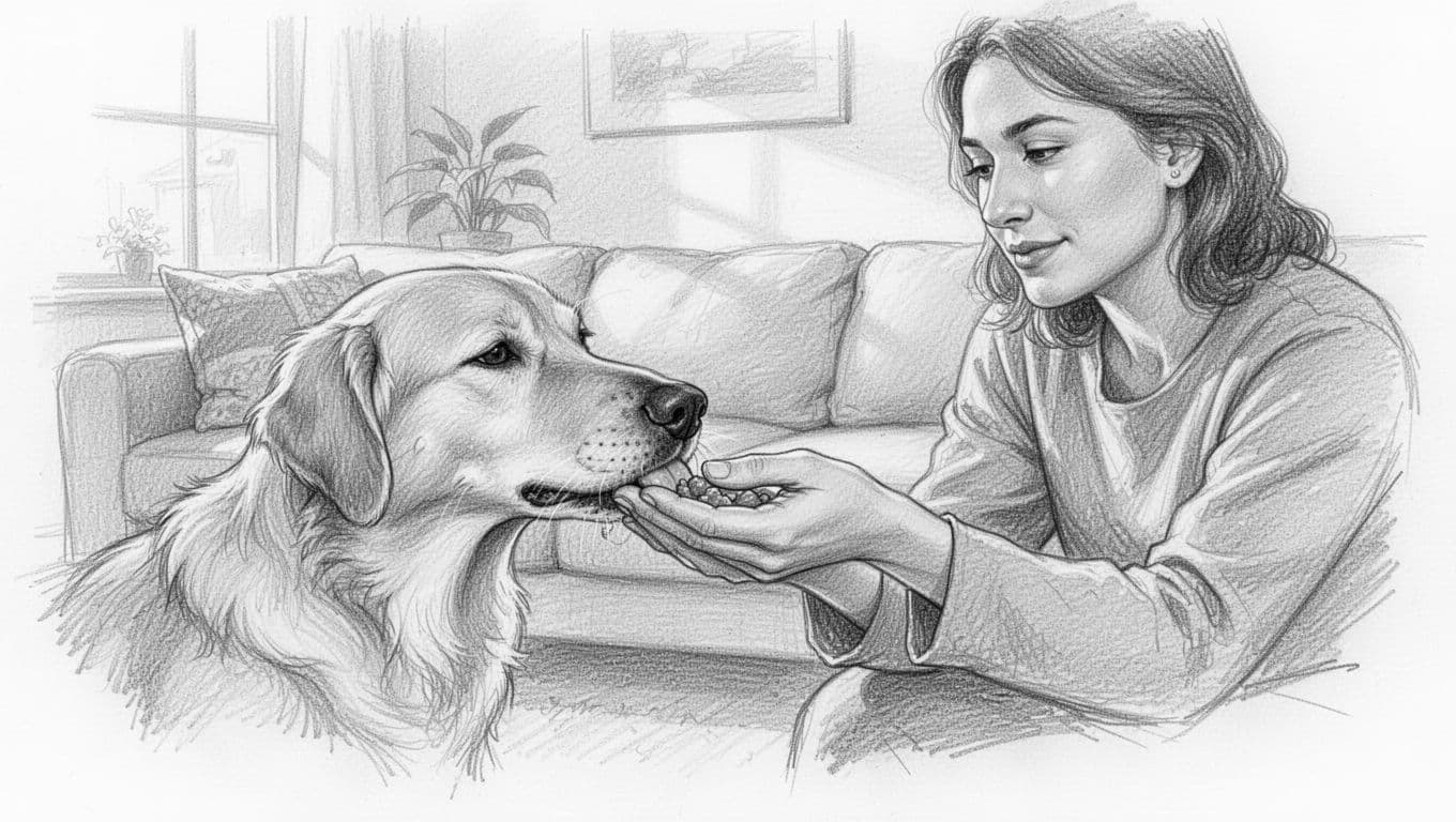 Graphite sketch of hand feeding relaxed dog licking palm in living room.