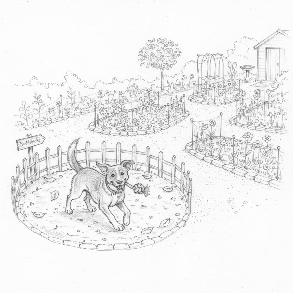 A graphite sketch depicts a happy dog playing with a toy in a designated garden sandpit area.