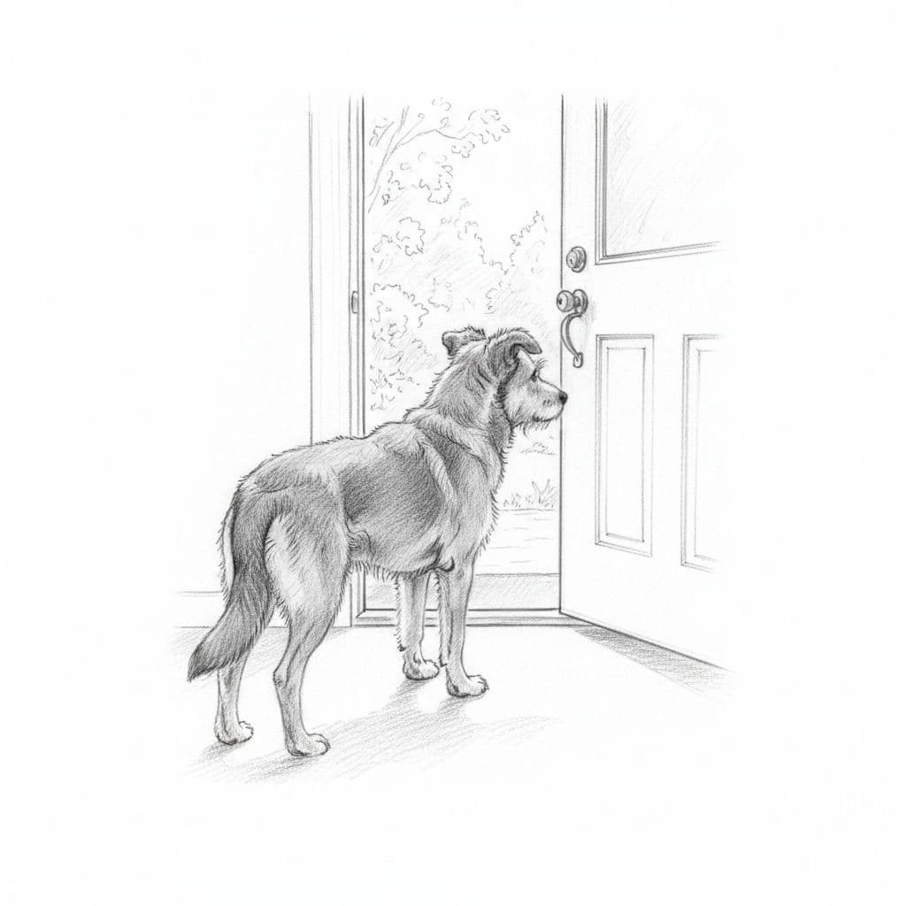 A graphite pencil drawing depicts a dog standing before an open front door with a hesitant posture. The clean lines and soft shading highlight the animal looking out toward the unknown.