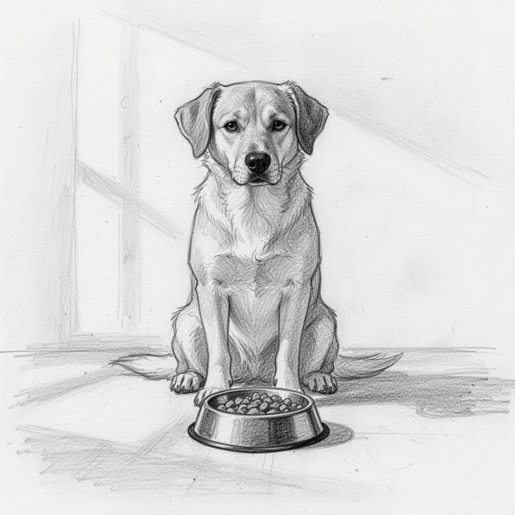 A minimalist graphite pencil sketch features a dog sitting on a plain white background near a food bowl. The animal looks down with a cautious expression, rendered through delicate clean linework.