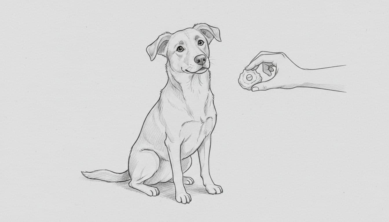 A hand offers a dog a treat containing a hidden pill in this graphite sketch.