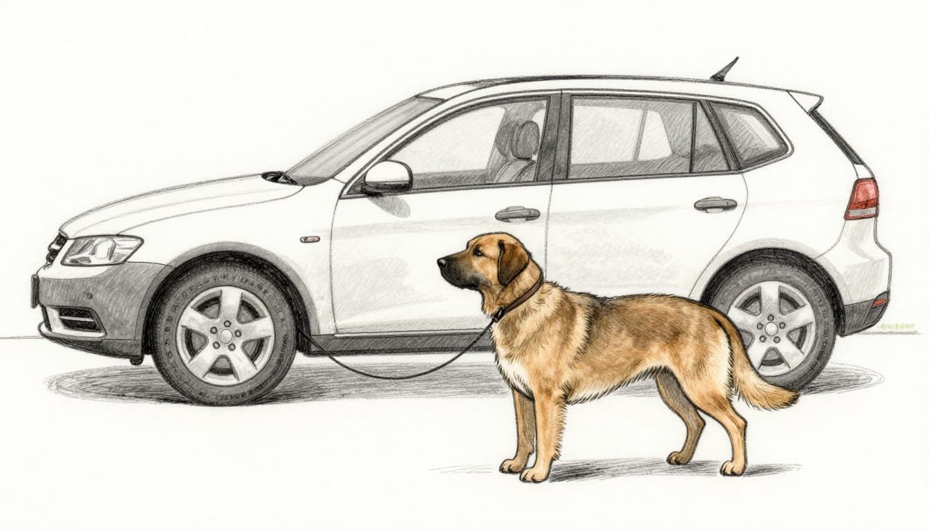 Bleistift-Skizze eines Hundes, der entspannt an der Leine läuft, Besitzer von hinten teilweise sichtbar auf Parkplatz, Auto im Hintergrund.