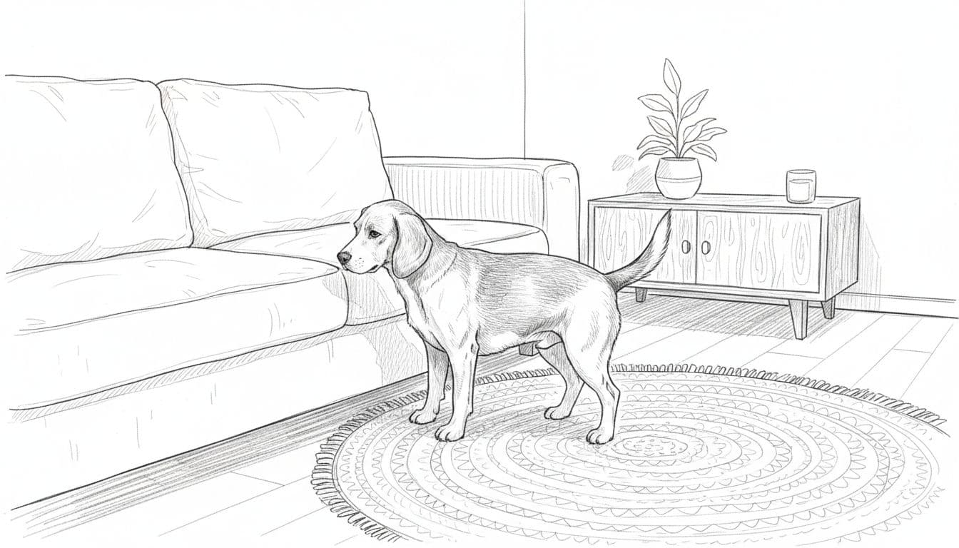 Hund hebt Bein in ruhiger Wohnzimmer-Ecke zum Markieren, handgezeichnete Graphitskizze mit leichter Schattierung auf weißem Papier.