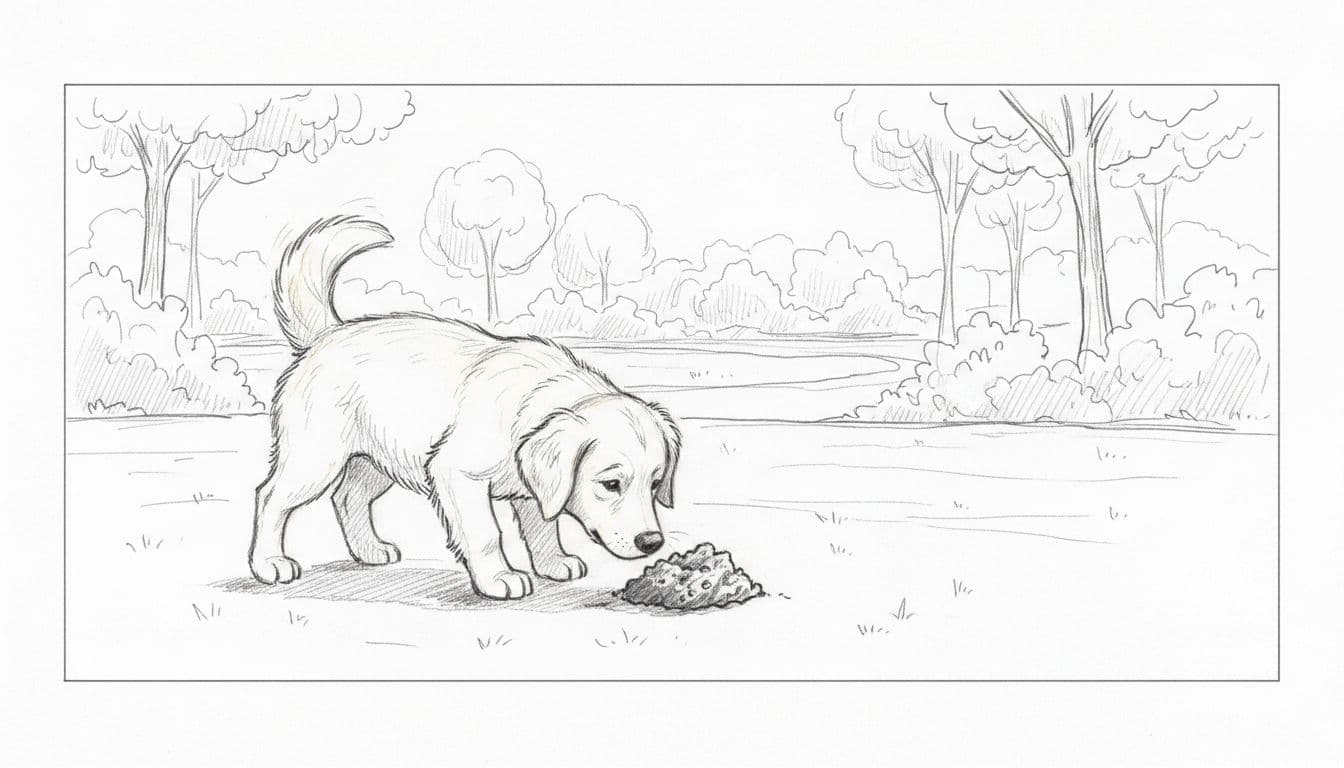 Ein Hund in Dreiviertelansicht mit wedelndem Schwanz schnüffelt an Kot auf sonniger Parkwiese. Handgezeichnete Bleistift-Skizze mit leichter Schattierung.