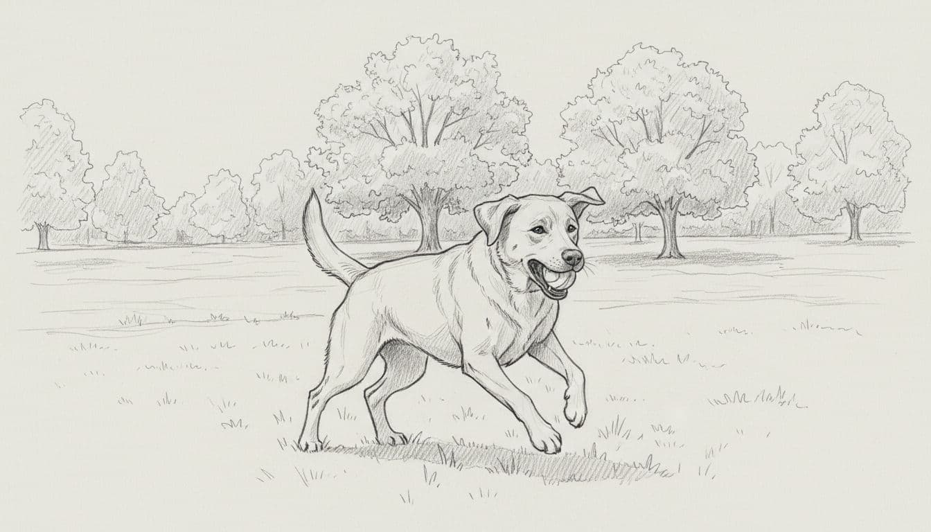 Sketch of Labrador dog jumping for ball in park, tail wagging, grass and trees behind.