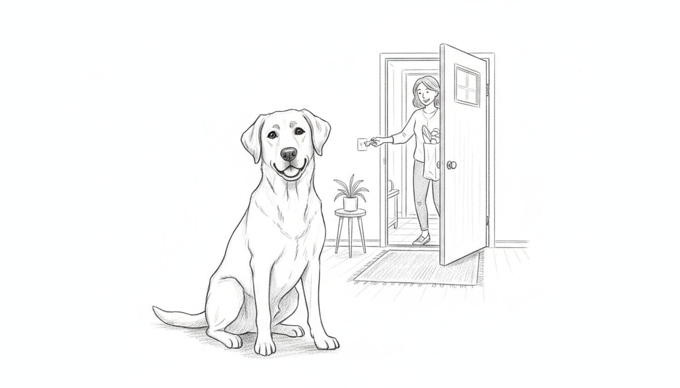 Graphite sketch of Labrador sitting with wagging tail as owner enters doorway holding treat and shopping bag.